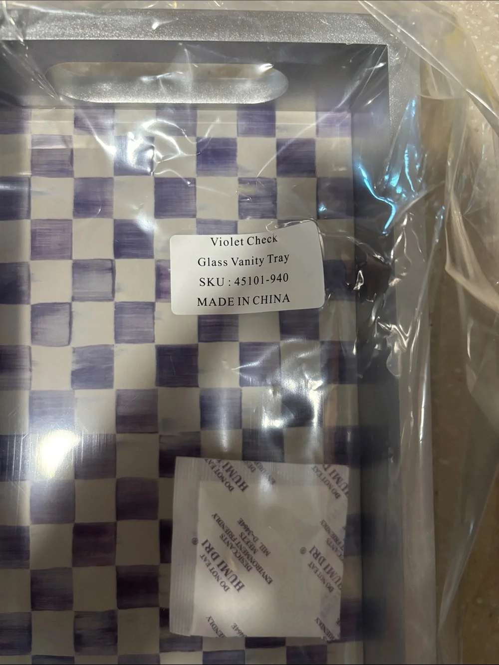 Mackenzie Childs glass vanity Tray in Purple & White